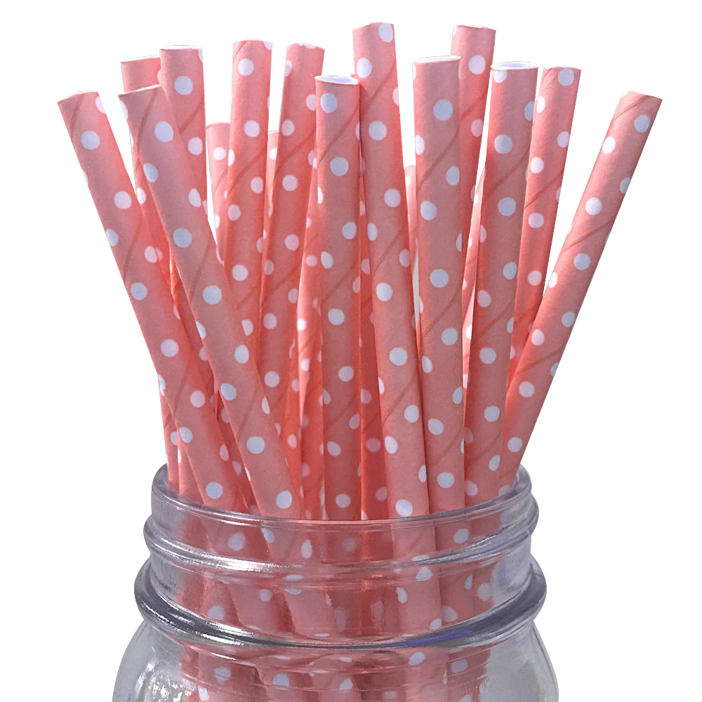 Light Pink with White Polka Dot Paper Straws